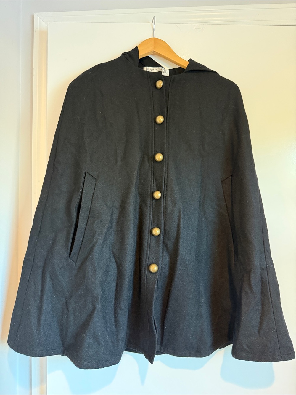 Samantha Pleet Black Hooded Cape with Brass Buttons